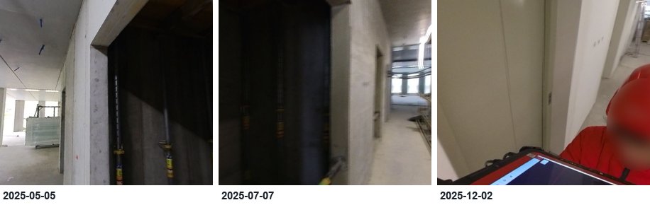 The same lift door photographed on three visits: open shaft, prepared shaft, installed door