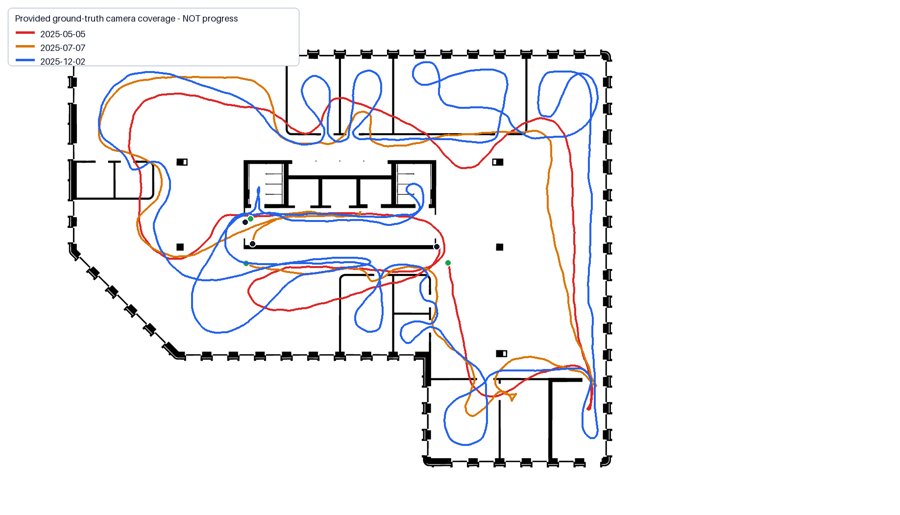 Three site walks drawn on the floor plan, one color per visit